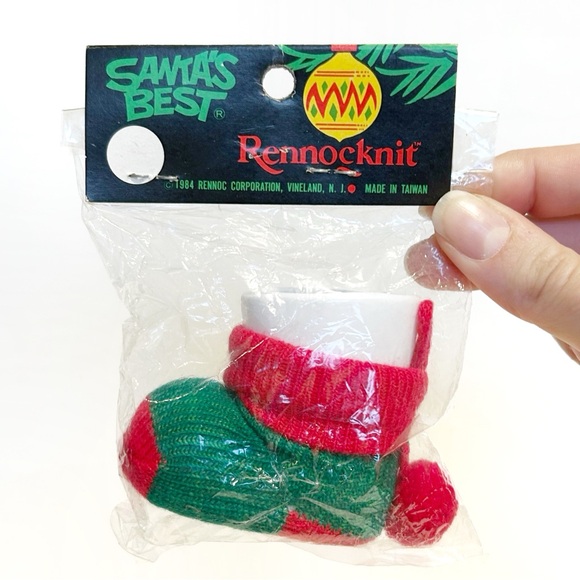 Vintage 1984 Knit Stocking Fillable Christmas Tree Ornaments Holiday Green Red - Picture 9 of 12